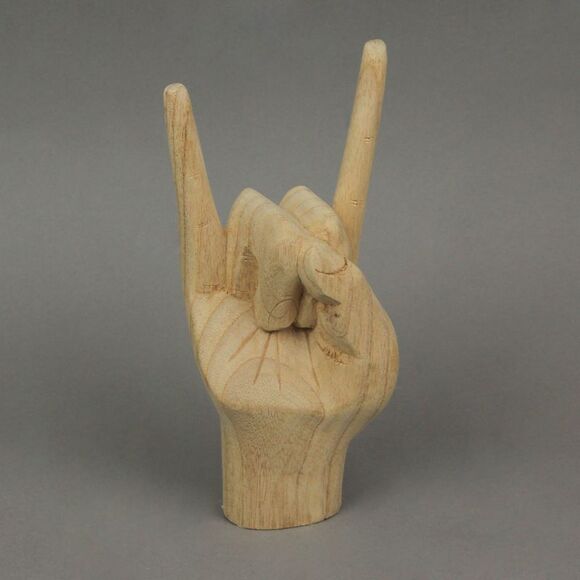 Carved Wooden Rock On Devil Horns Hand Gesture Statue Natural Finish Home Decor - Picture 6 of 7